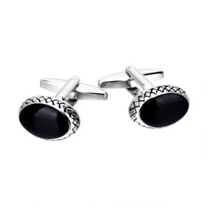 Black Enamel Curved Oval Cufflinks - Front View