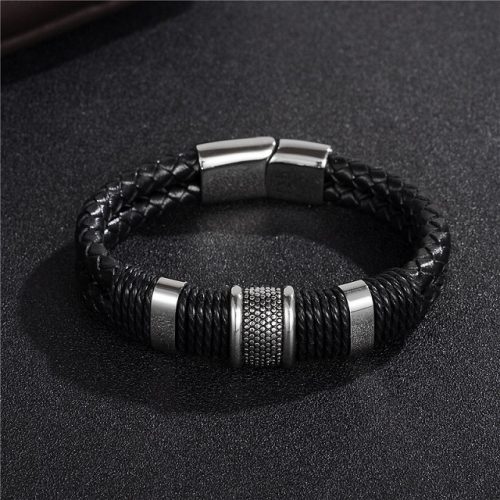 Braided Leather Bracelet with Magnetic Clasp - Display 1