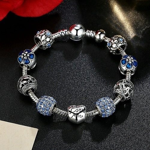 Blue Crystal Flower and Love Charm Bracelet Top View