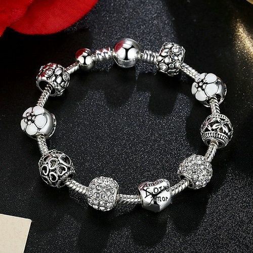 Clear Crystal Flower and Love Charm Bracelet Top View
