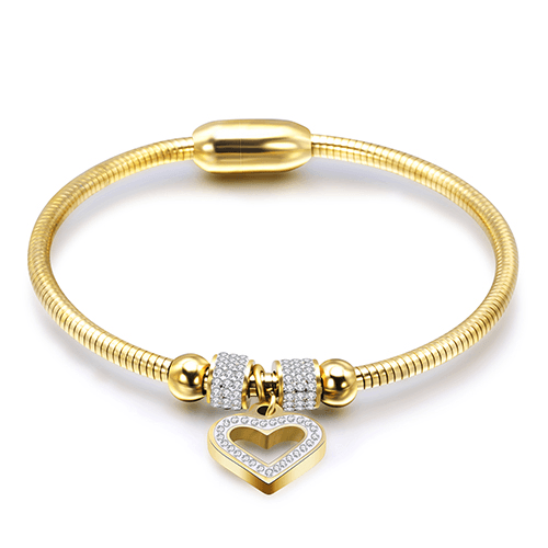 Crystal Heart Charm Bangle - Gold Steel Plated