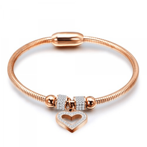 Crystal Heart Charm Bangle - Rose Gold Plated