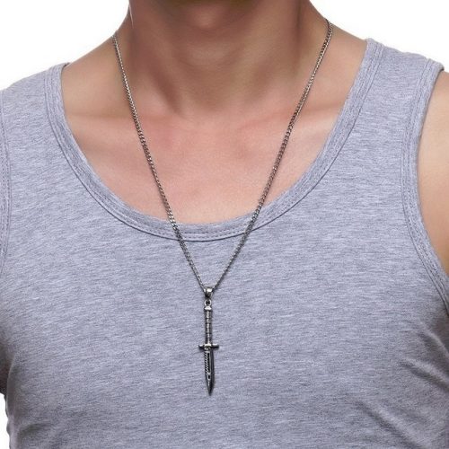Dagger Pendant Stainless Steel Necklace - Model Display