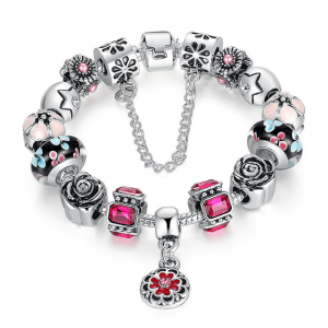 Glass Crystal Bead Rose Charm Bracelet