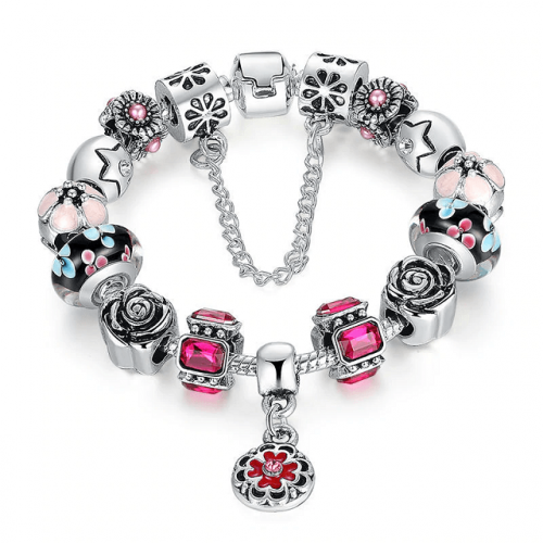 Glass Crystal Bead Rose Charm Bracelet