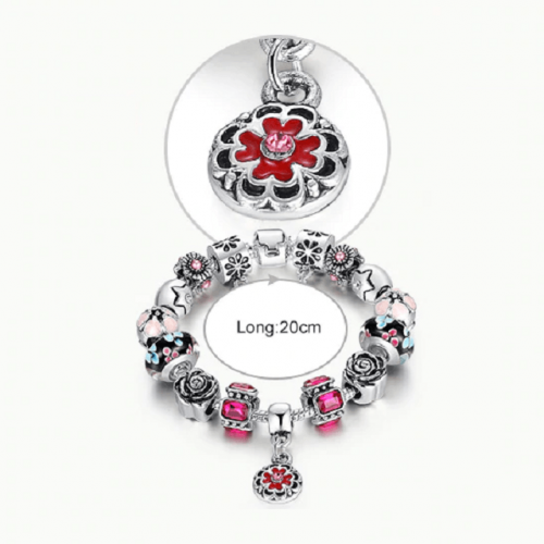 Glass Crystal Bead Rose Charm Bracelet - Dimension