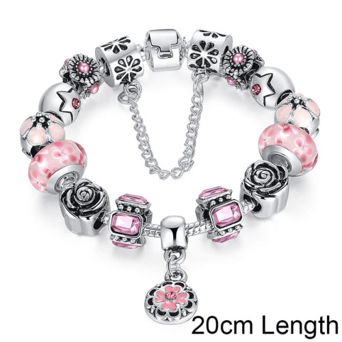 Glass Crystal Bead Rose Charm Bracelet - Pink - 200mm Length