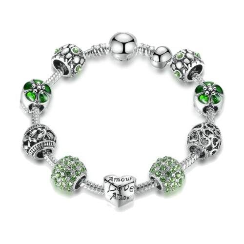 Green Crystal Flower and Love Charm Bracelet