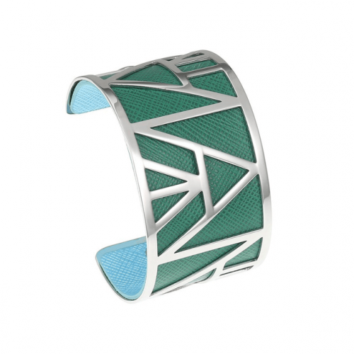Leatherette Stainless Steel Open Cuff Bangle - Green
