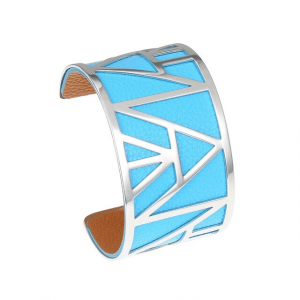 Leatherette Stainless Steel Open Cuff Bangle - Sky Blue