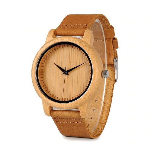 Light Wood Round Dial Leather Watch - Angle View