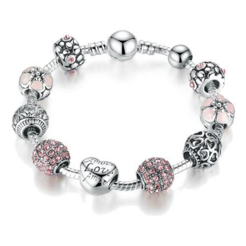 Pink Crystal Flower and Love Charm Bracelet