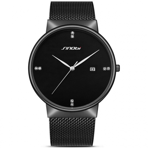 Simple Round Dial Stainless Steel Mesh Watch - Black