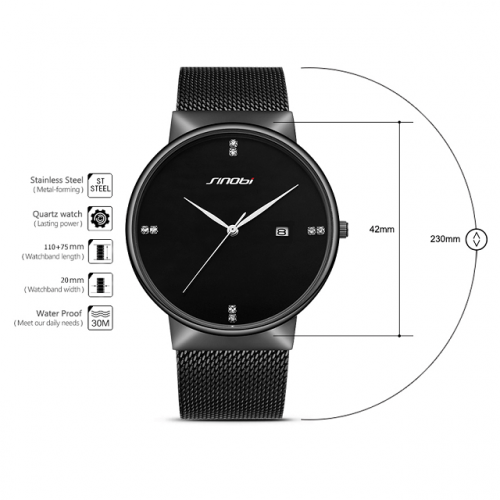 Simple Round Dial Stainless Steel Mesh Watch - Dimension