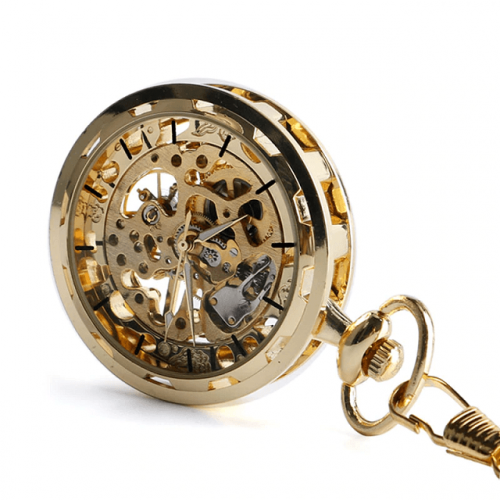 Steampunk Open Face Mechanical Pocket Watch - Angle View