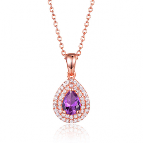 Cubic Zirconia Water Drop Pendant Necklace - Rose Gold Chain