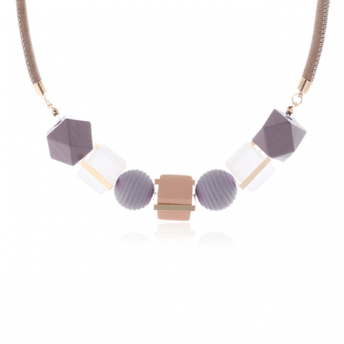 Geometric Shape Wooden Bead Necklace - Purple