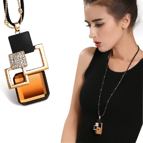Square Crystal Long Necklace - Model Display