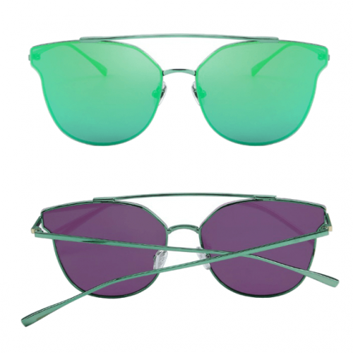Green Mirror Polycarbonate Cat Eye Sunglasses Front Back View