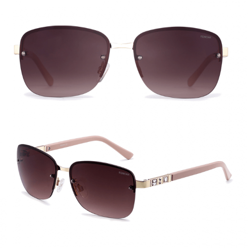 Rimless Crystal Stone Temple Polycarbonate Brown Square Sunglasses Front and Side View