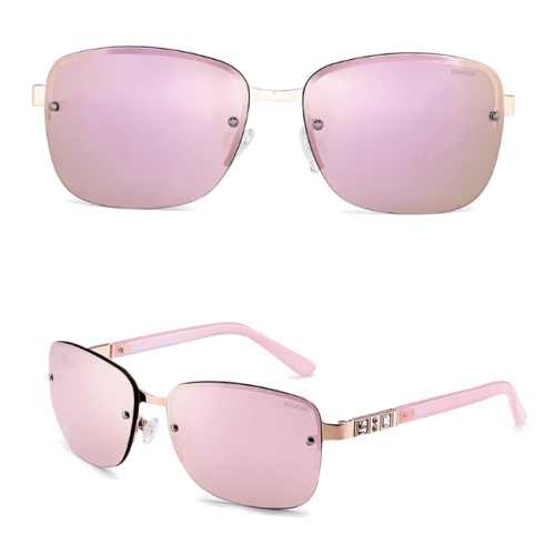 Rimless Pink Mirror Square Sunglasses Front and Side View
