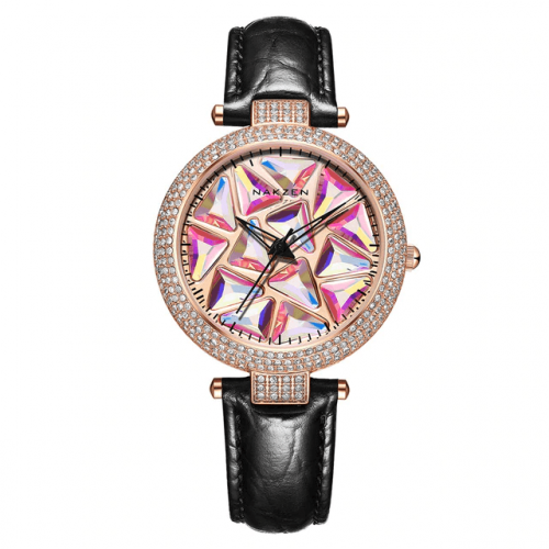 Round Dial Cubic Zirconia Leather Watch - Black