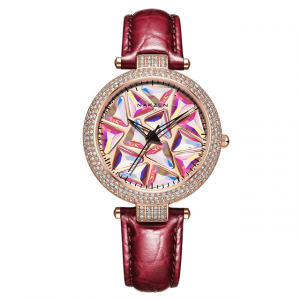 Round Dial Cubic Zirconia Leather Watch - Red