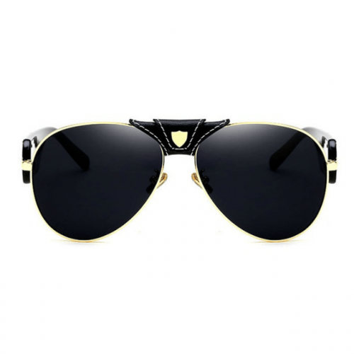 Stylish PU Leather Bridge Black Mirror Aviator Sunglasses Front View
