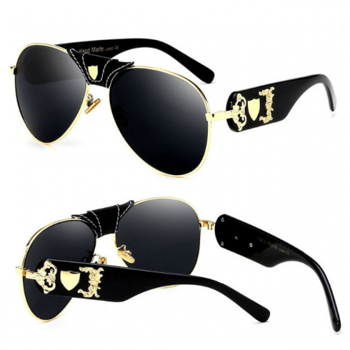 Stylish PU Leather Bridge Black Mirror Aviator Sunglasses Side and Back