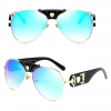 Stylish PU Leather Bridge Blue Mirror Aviator Sunglasses Front and Side