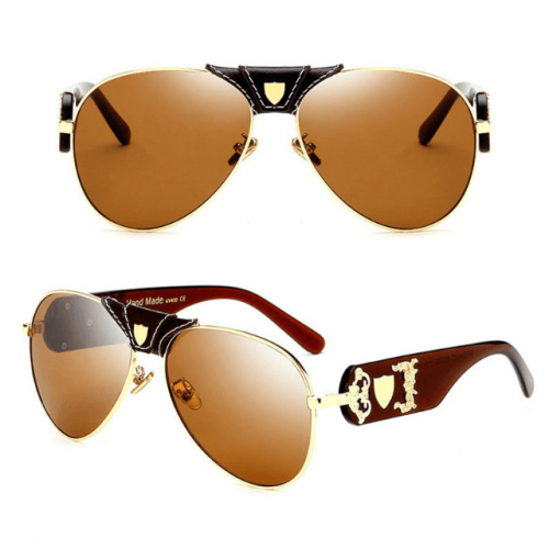 Stylish PU Leather Bridge Brown Mirror Aviator Sunglasses Front and Side