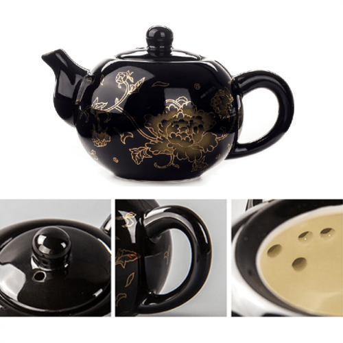 Peony Flower Art Porcelain Black Teapot - All Views