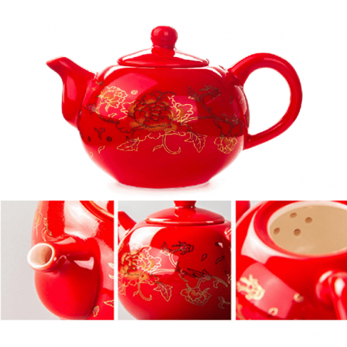 Peony Flower Art Porcelain Red Teapot - All Views