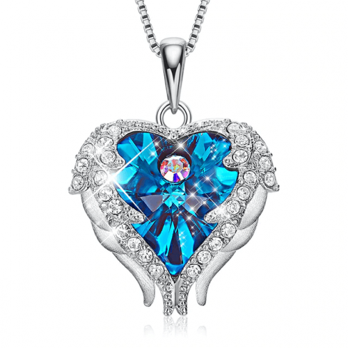 Crystal Heart Angel Wings Pendant Necklace - Blue